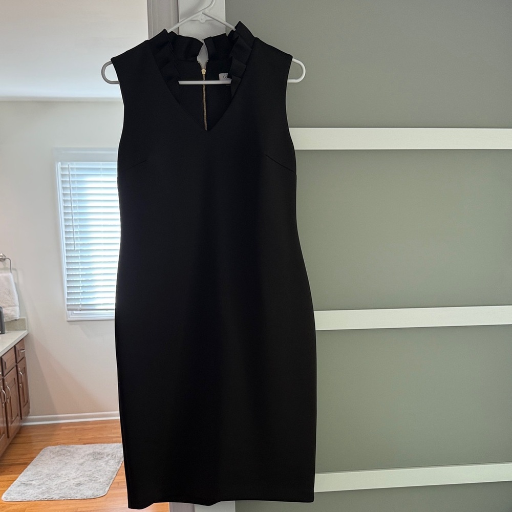 Calvin Klein Scuba Elegant Black Sleeveless Dress with Ruffle Detail size 10